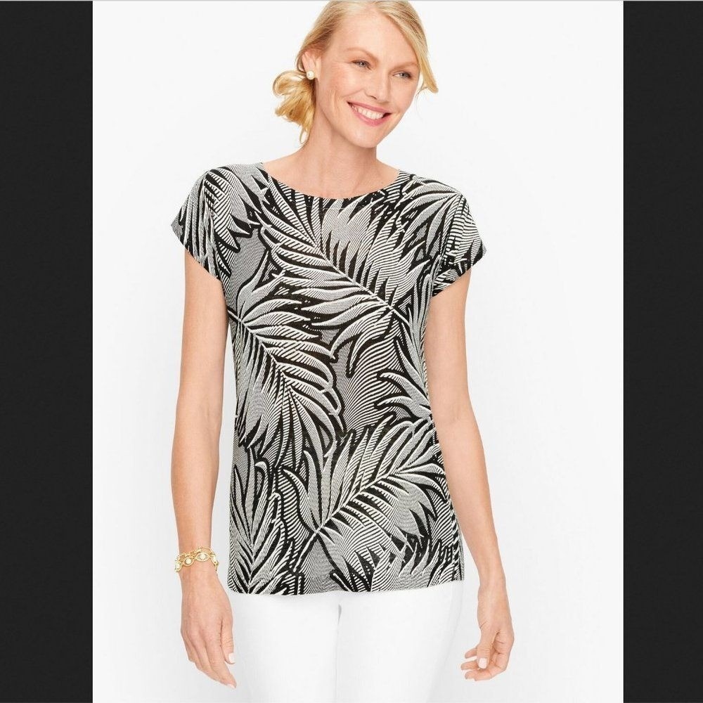Talbots Linen Palm Print Top XL Petite Black White Resort Coastal Summer Preppy